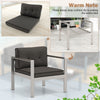 Contemporary gray sofa chair with WPC armrests, soft cushions, and aluminum frame for modern outdoor relaxation.