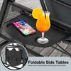 Folding side table of the gray convertible patio swing chair, featuring a drink and phone holder for convenience.