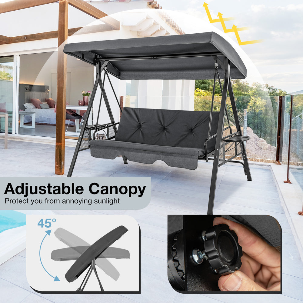 Convertible 3-seat patio porch swing chair in gray with adjustable canopy, showcasing the easy canopy adjustment.