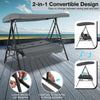Convertible 3-seat patio swing chair in gray with adjustable canopy, transforming easily to a flat bed for outdoor.