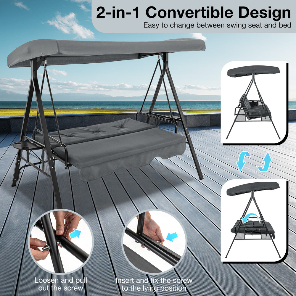 Convertible 3-seat patio swing chair in gray with adjustable canopy, transforming easily to a flat bed for outdoor.