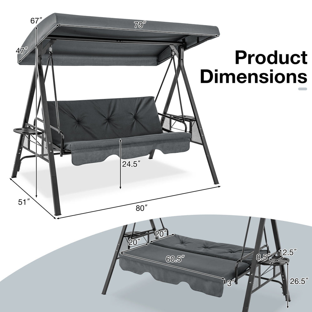 Convertible 3-seat patio porch swing chair with adjustable gray canopy and dimensions for backyard relaxation.