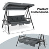 Convertible 3-seat patio porch swing chair with adjustable gray canopy and dimensions for backyard relaxation.