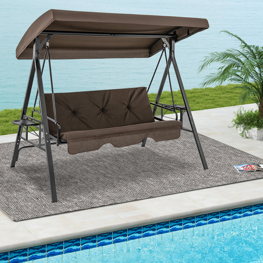 Convertible 3-Seat Patio Porch Swing Chair to Flat Bed with Adjustable Canopy-Brown - Gallery View 1 of 10