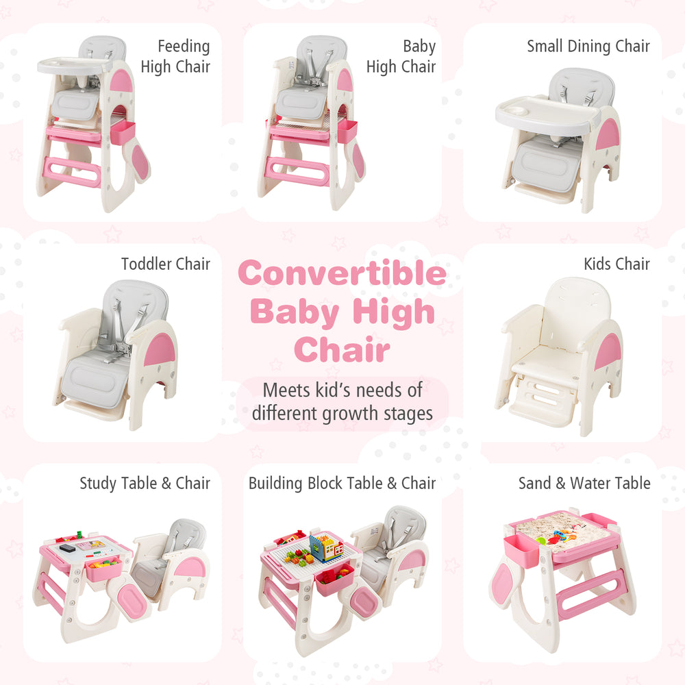 Convertible baby high chair in pink with double-layer tray, adjustable backrest, and multifunctional design for various.