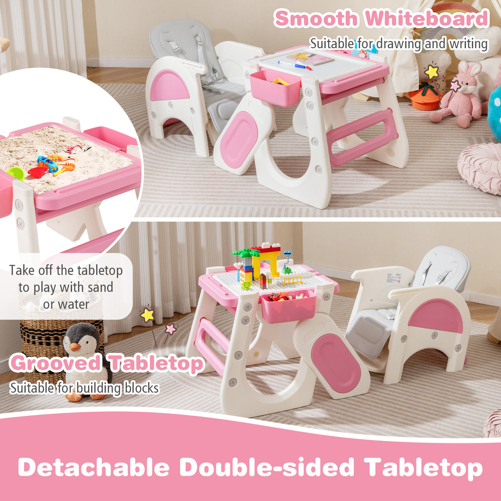 Convertible baby high chair in pink with detachable double-sided tray for drawing and building blocks, ideal for.