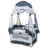 Convertible bassinet with removable changing table and detachable mesh net in grey, ideal for infants up to 3 years.