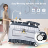 Convertible bassinet in grey with removable changing table, featuring easy-moving wheels and a detachable mesh net.