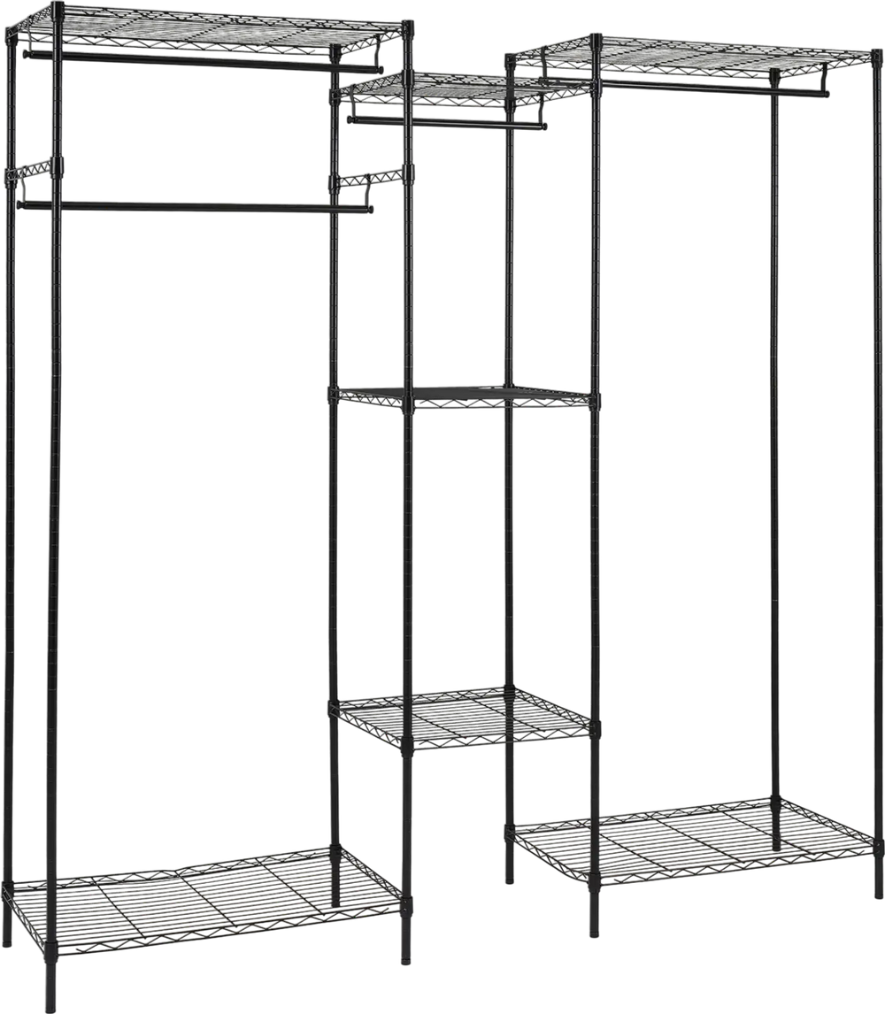 L-shaped convertible clothes organizer in black with 7 shelves and 4 removable hanging rods for versatile storage.