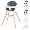 Convertible high chair in gray with solid wood legs, adjustable tray, and 5-point harness for safe feeding.