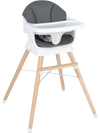 Convertible high chair with solid wood legs, adjustable tray, and gray PU cushion for comfortable baby feeding.