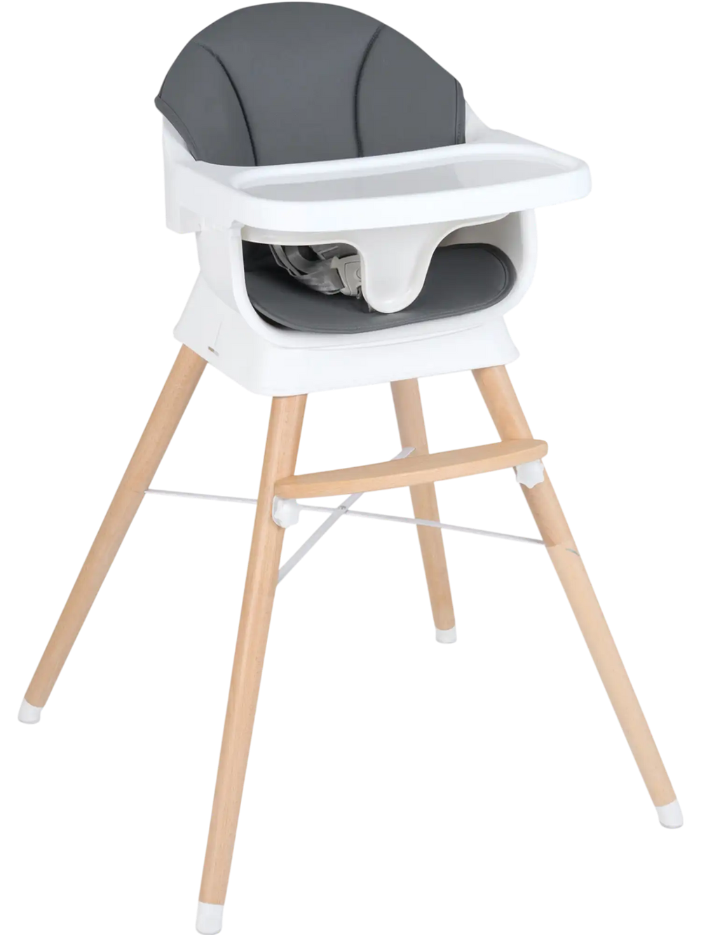 Convertible high chair with solid wood legs, adjustable tray, and gray PU cushion for comfortable baby feeding.