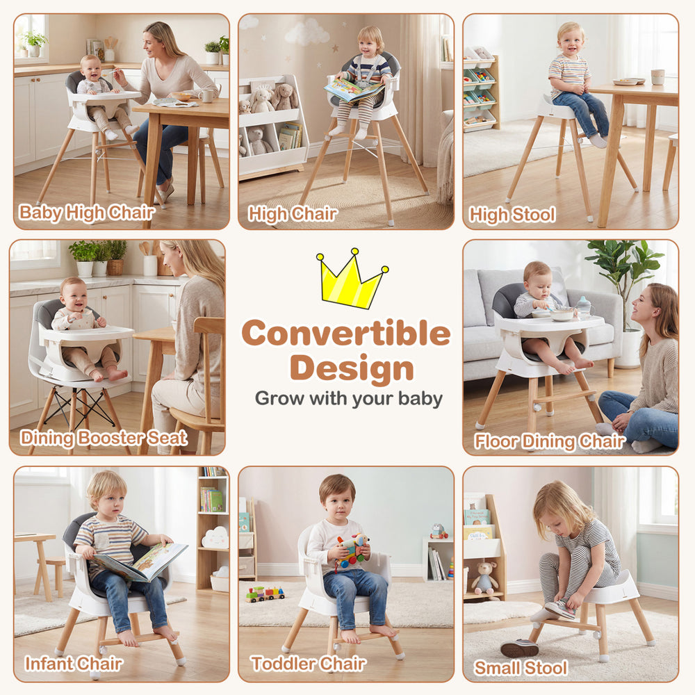 Convertible high chair in gray with solid wood legs, adjustable tray, and PU cushion for babies and toddlers.