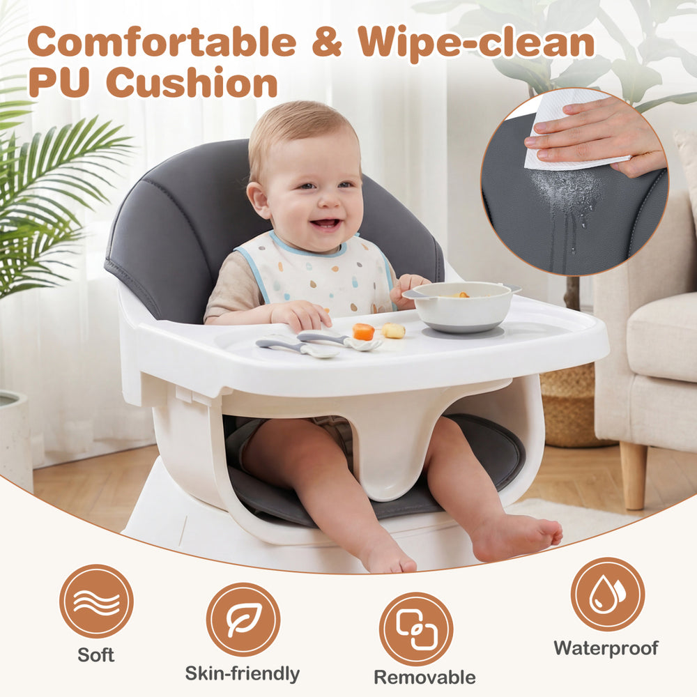 Convertible high chair with gray PU cushion, adjustable tray, and solid wood legs for safe and comfortable feeding.