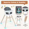 Convertible high chair with solid beech wood legs, adjustable tray, and 5-point safety harness for secure feeding.