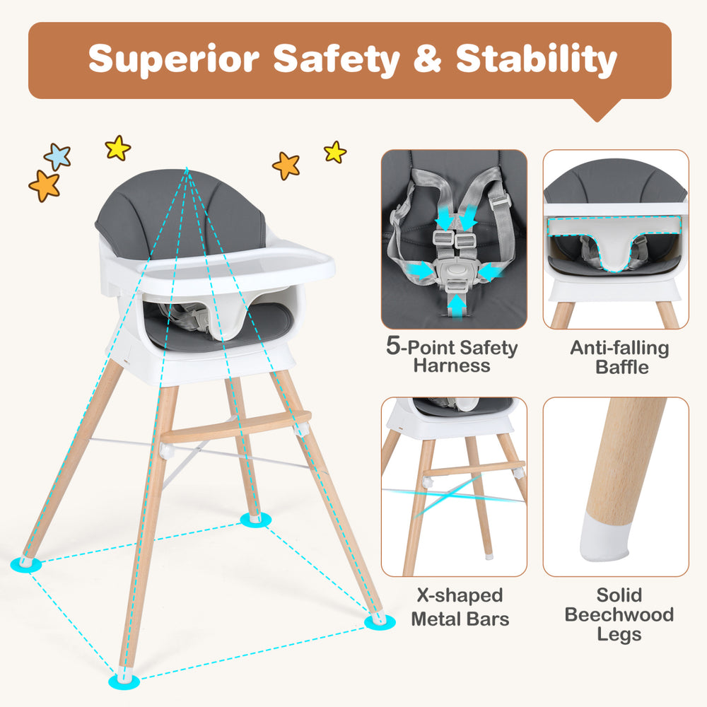 Convertible high chair with solid beech wood legs, adjustable tray, and 5-point safety harness for secure feeding.