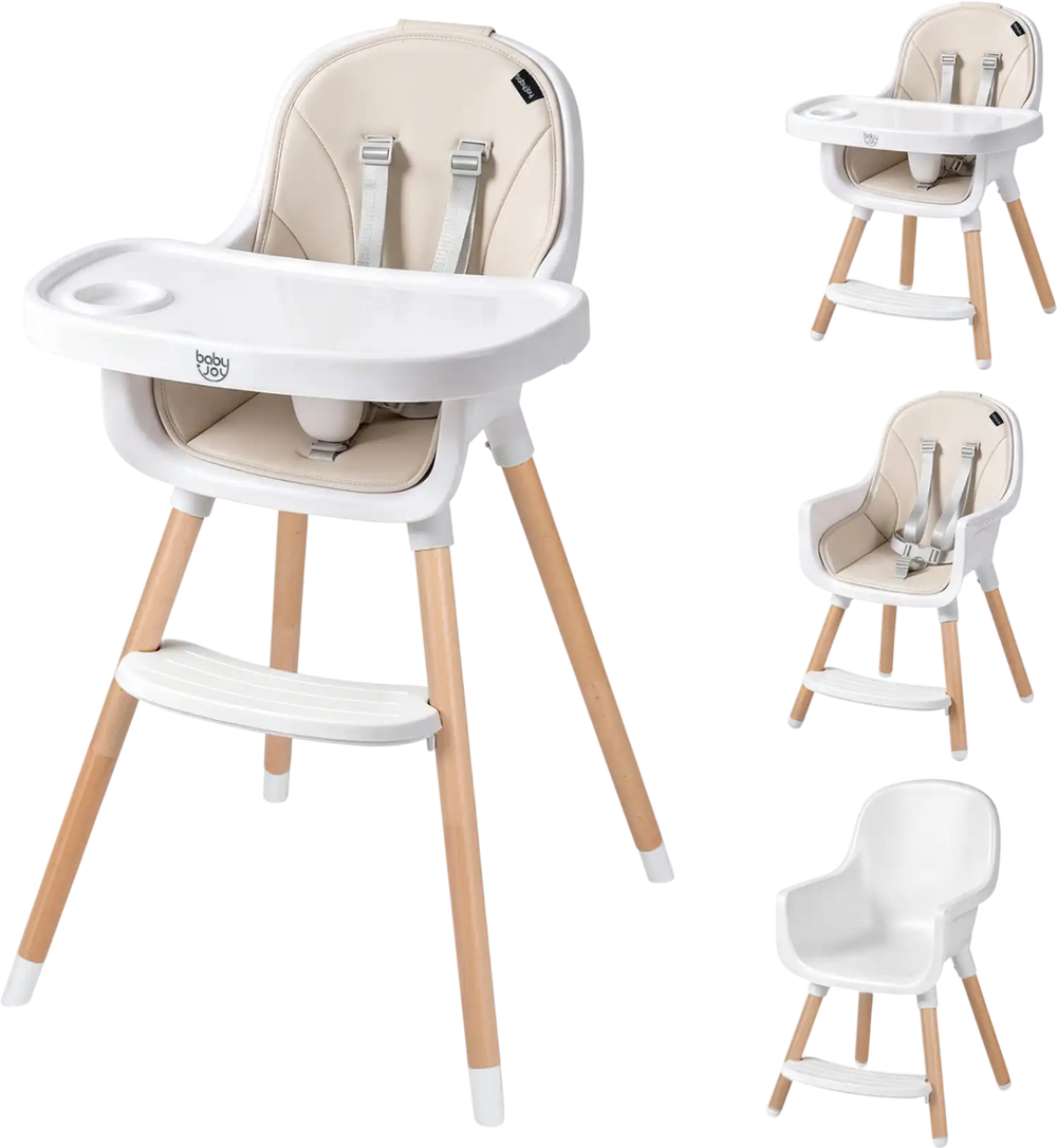 Convertible high chair in beige with beech wood legs, 5-point harness, and removable tray for versatile use.