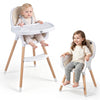 Convertible high chair in beige with beech wood legs, featuring a 5-point harness and removable double tray for toddlers.