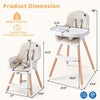 Convertible high chair in beige with beech wood legs, removable tray, and 5-point harness for babies and toddlers.