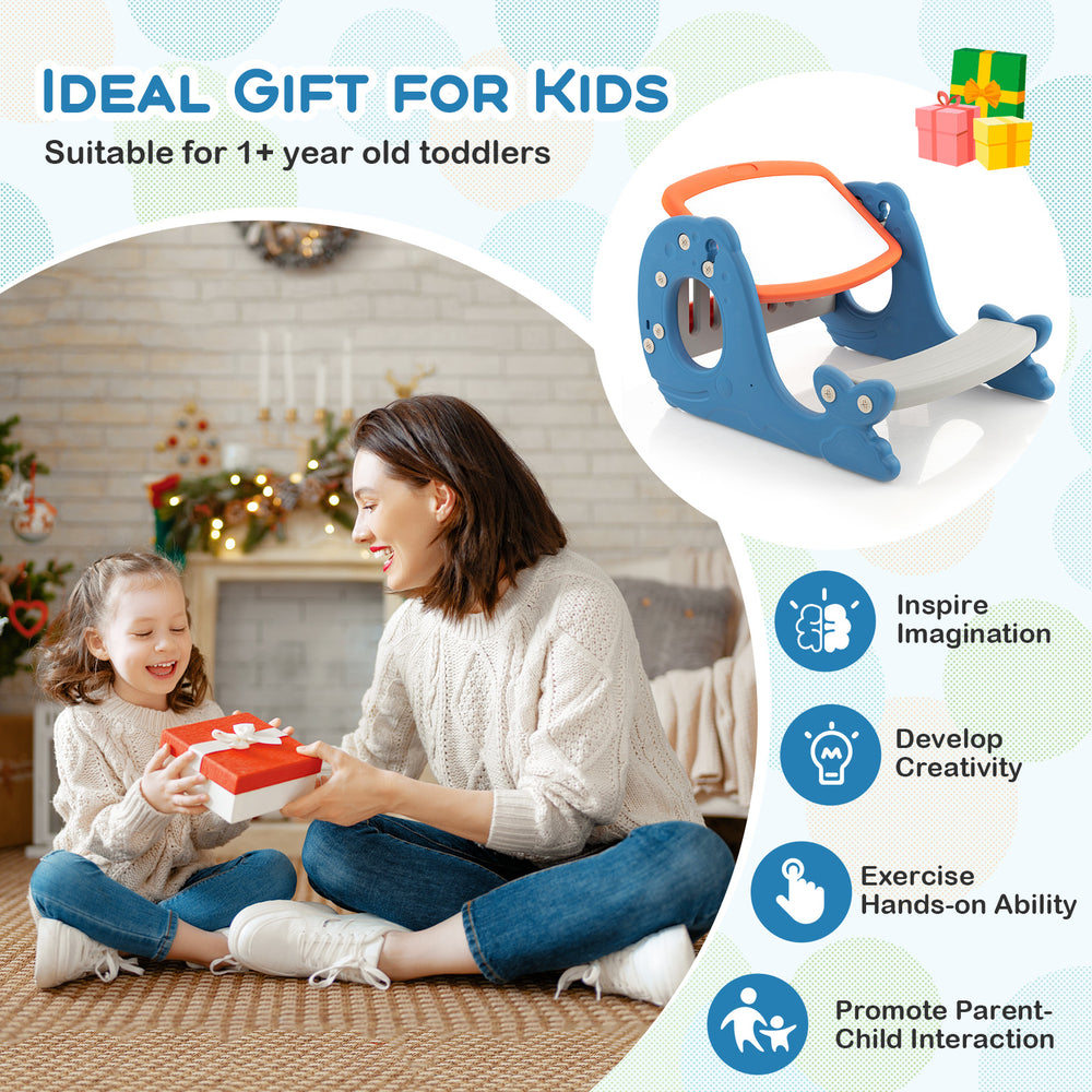 Convertible kids activity table set in blue with a double-sided tabletop, ideal for drawing and dining for toddlers.