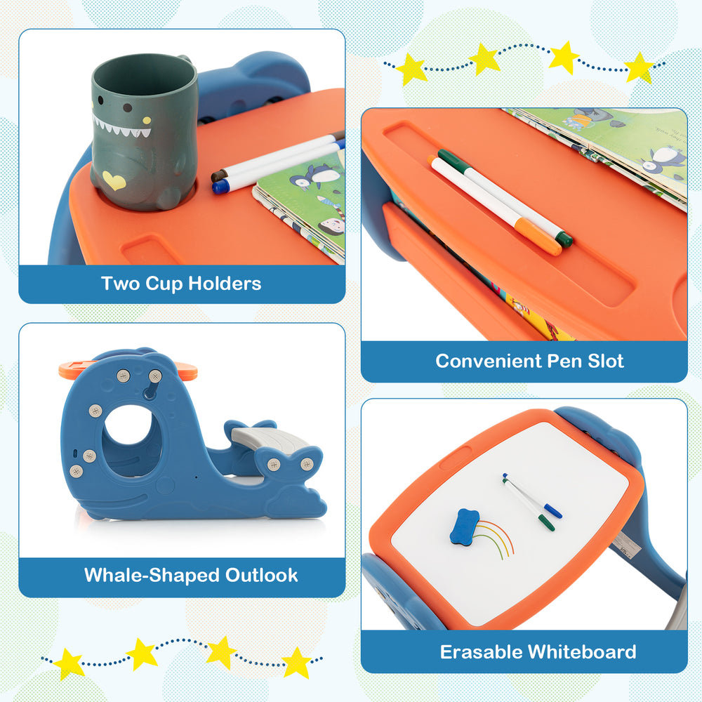 Convertible kids activity table set in blue with erasable whiteboard, cup holders, and whale-shaped design for fun.