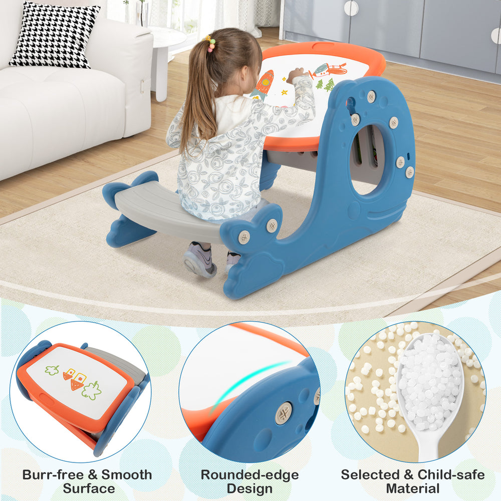 Convertible kids activity table set in blue with a double-sided tabletop for drawing and dining, designed for safety.