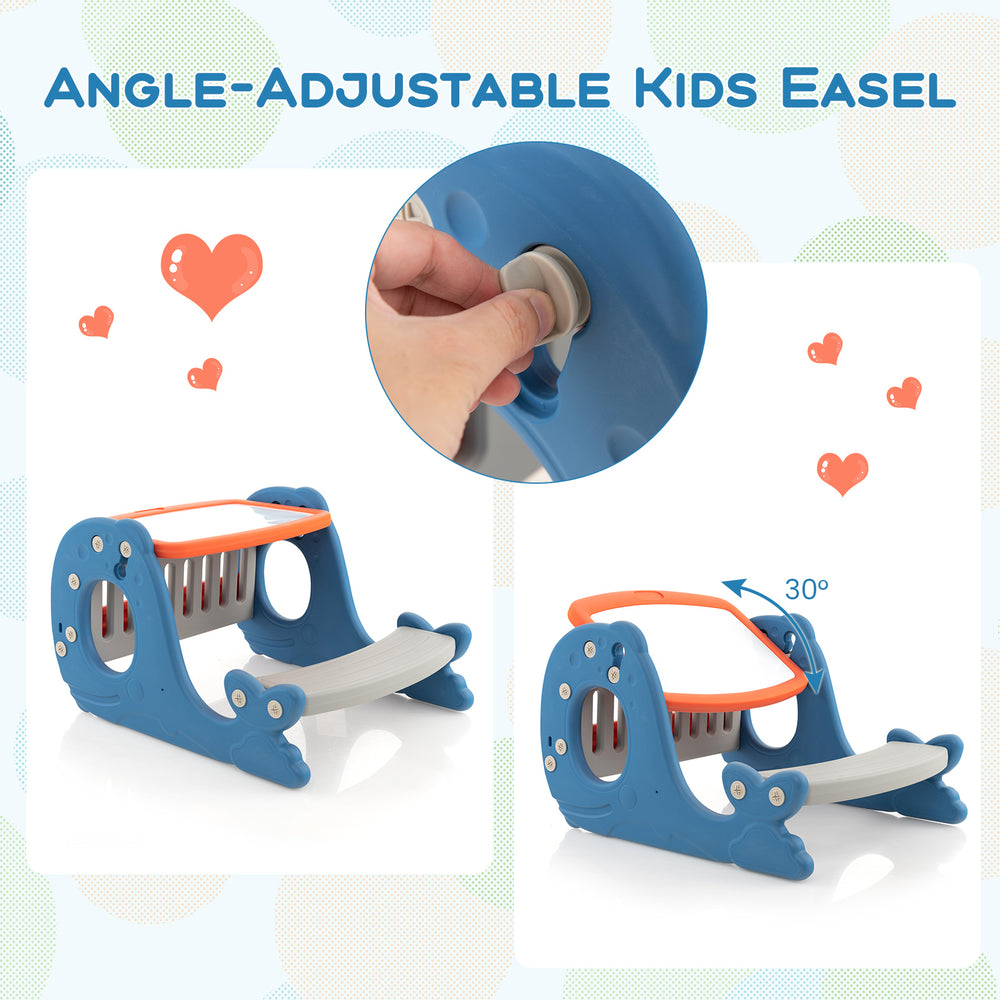 Angle-adjustable kids easel in blue, featuring a double-sided tabletop and storage for drawing and learning activities.