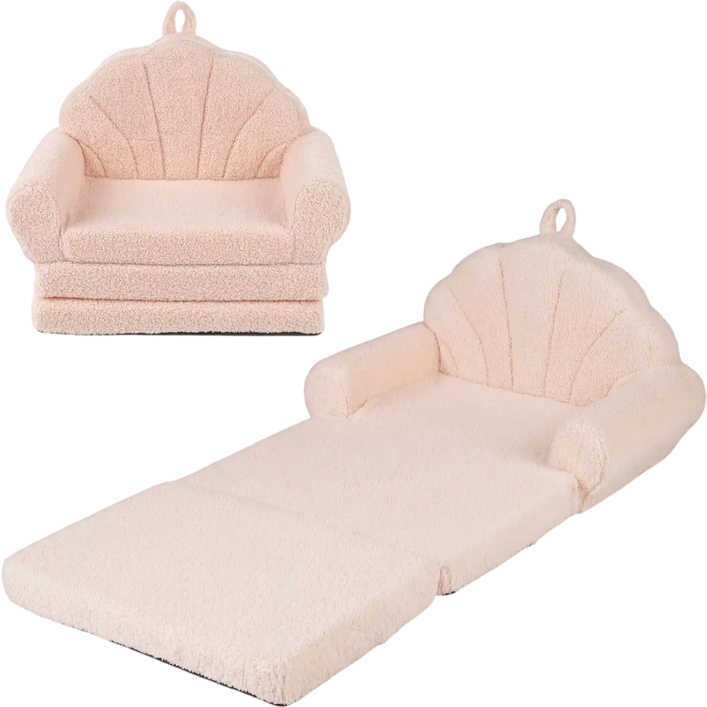 Convertible kids sofa in beige, featuring soft teddy fleece, fold-out lounge bed, and removable washable cover for.