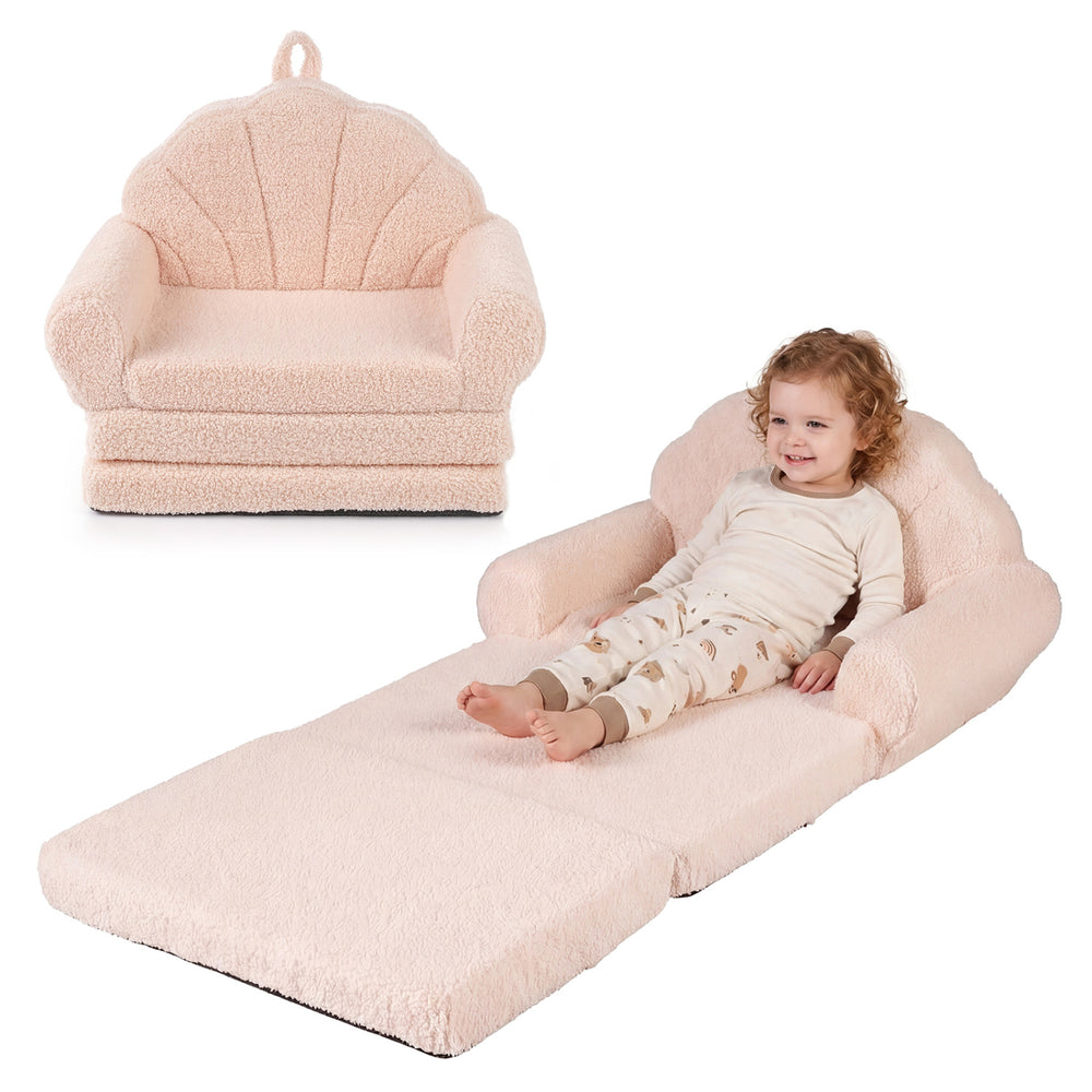 Convertible kids sofa in beige, featuring a fold-out design for lounging, made of soft teddy fleece with a removable.