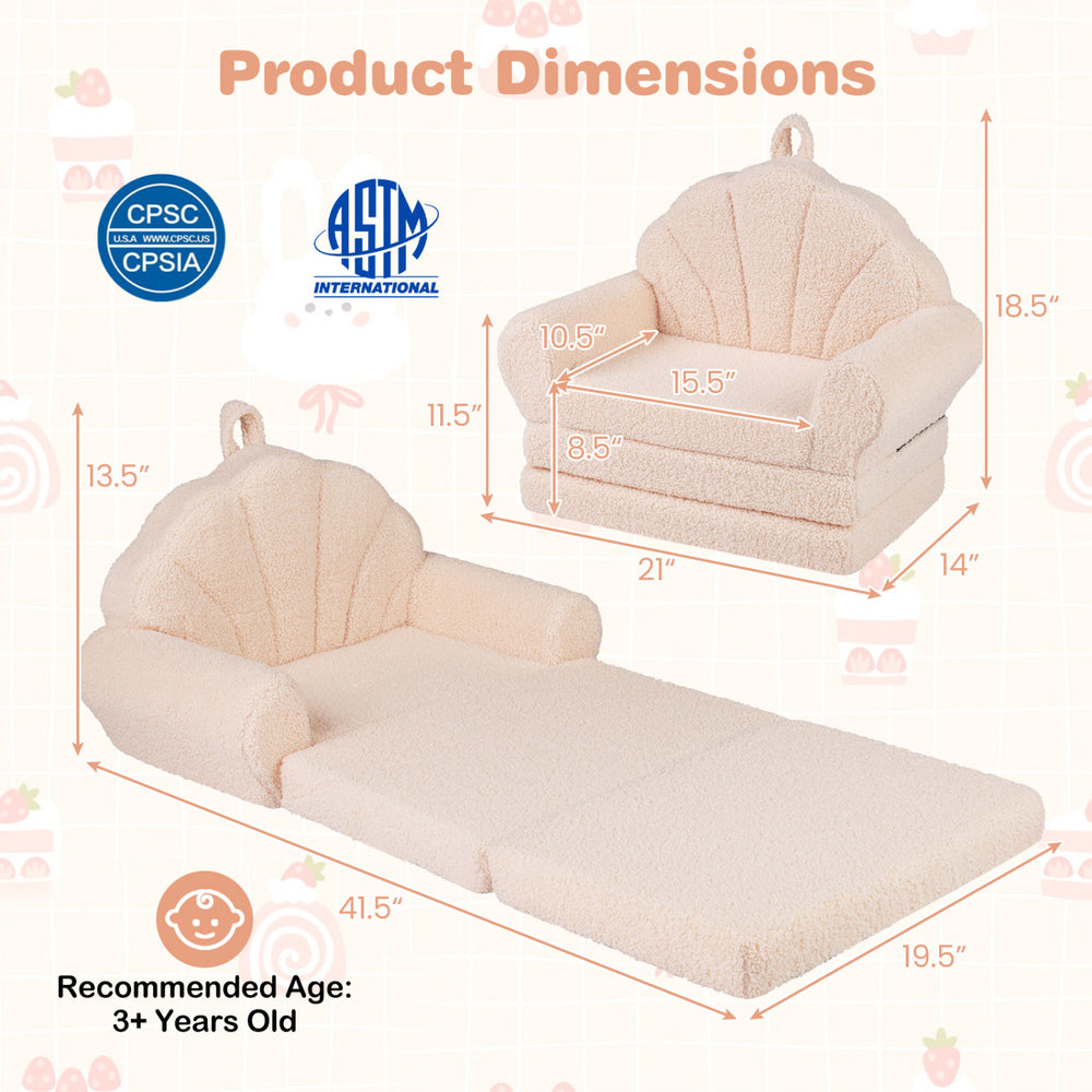 Convertible kids sofa in beige, 2-in-1 design with high-density foam, ideal for lounging or reading activities.