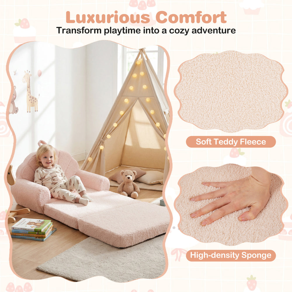 Convertible kids sofa in beige, made of soft teddy fleece, easily transforms from chair to lounge bed for cozy playtime.