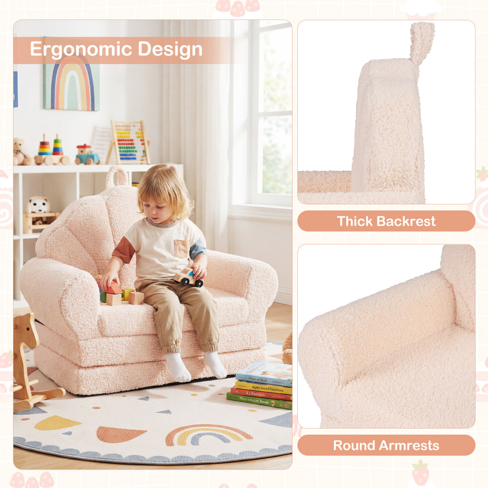 Convertible kids sofa chair in beige with thick backrest and round armrests, perfect for reading and lounging.