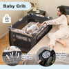 Portable baby playard in blue with mesh sides, music box, and toys, perfect for naps and travel convenience.