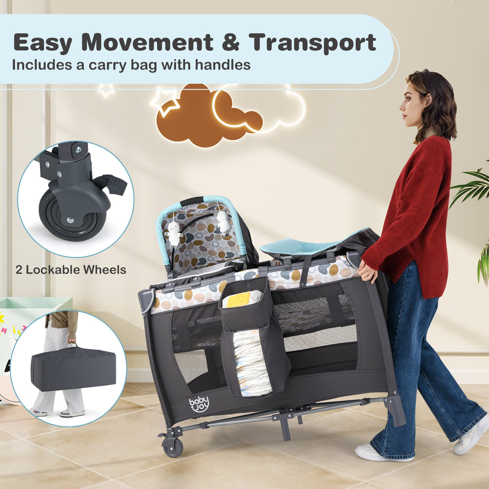 Portable baby playard in blue with lockable wheels, carry bag, and adjustable bassinet for easy transport and safety.