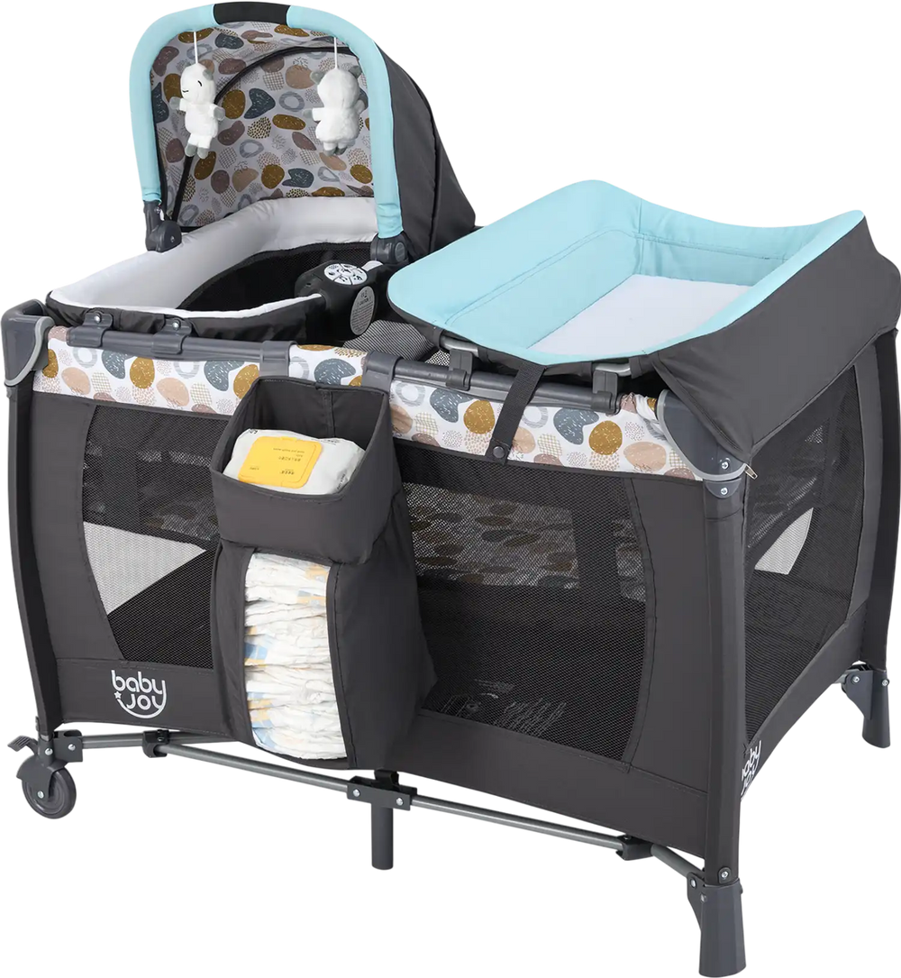 Convertible 4-in-1 portable baby playard in blue with bassinet, music box, and hanging toys for versatile use.