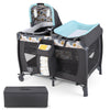 Convertible 4-in-1 portable baby playard in blue with music box, toys, and adjustable bassinet for safe napping.