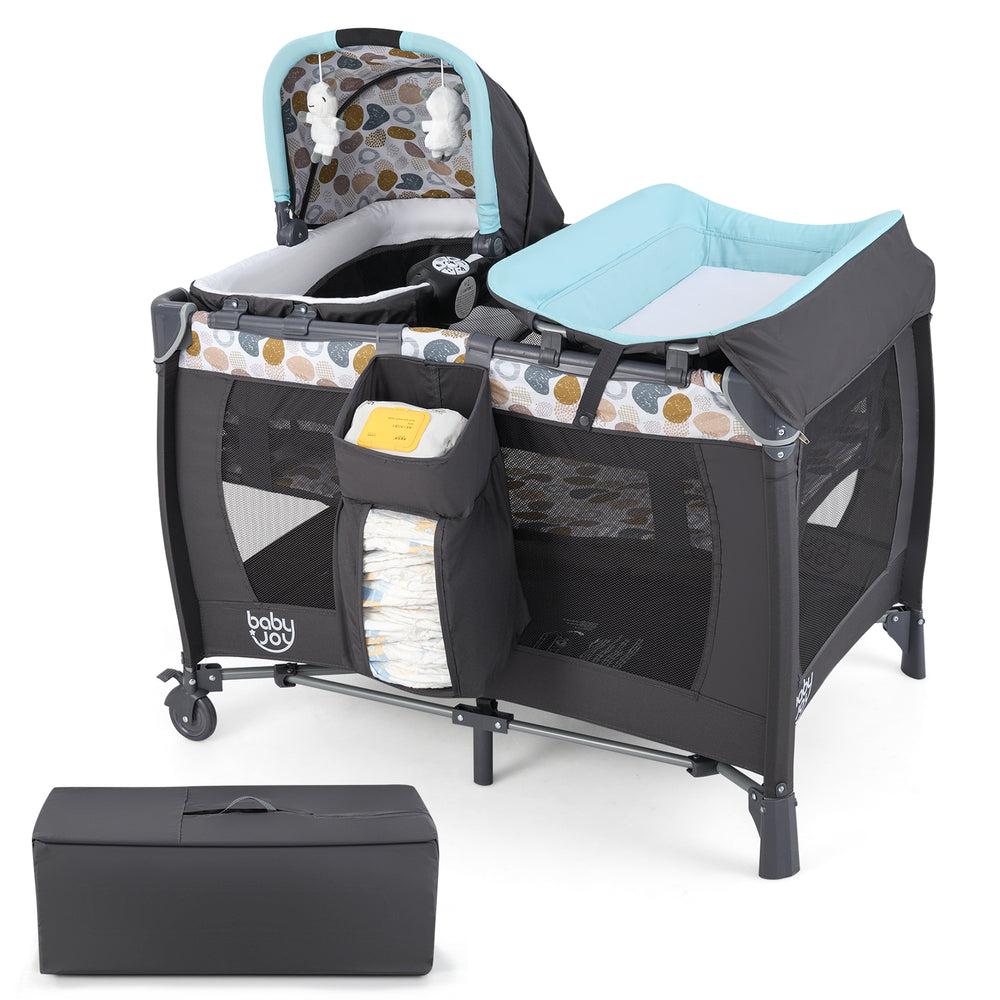 Convertible 4-in-1 portable baby playard in blue with music box, toys, and adjustable bassinet for safe napping.