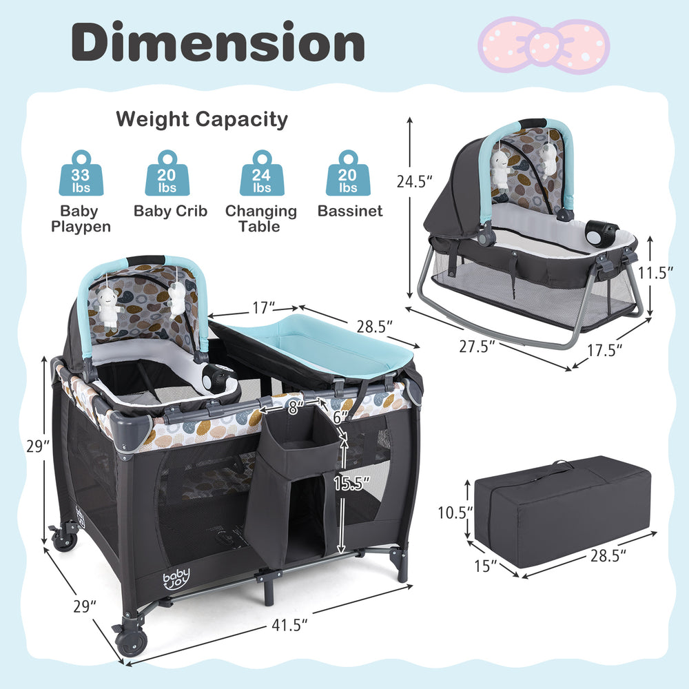 4-in-1 convertible portable baby playard in blue with bassinet, changing table, and music box for versatile use.