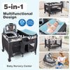 Convertible 4-in-1 baby playard in blue, featuring a bassinet, changing table, and music box for versatile use.