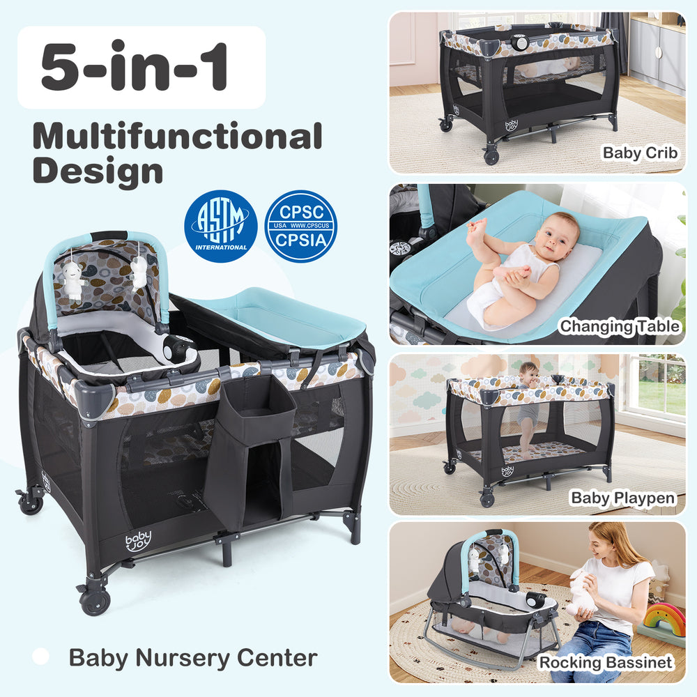 Convertible 4-in-1 baby playard in blue, featuring a bassinet, changing table, and music box for versatile use.