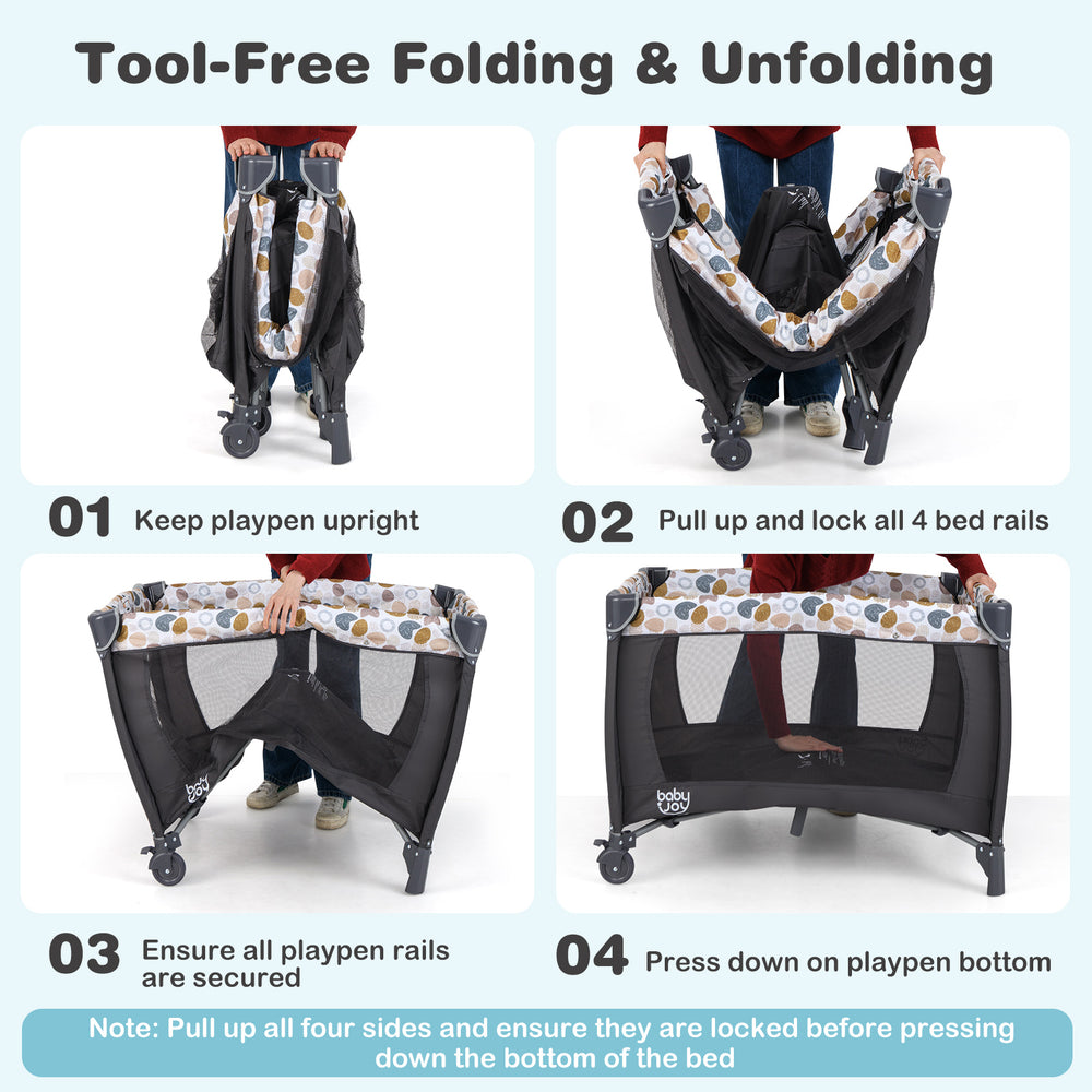 4-in-1 convertible portable baby playard in blue, showcasing tool-free folding steps for easy travel and storage.