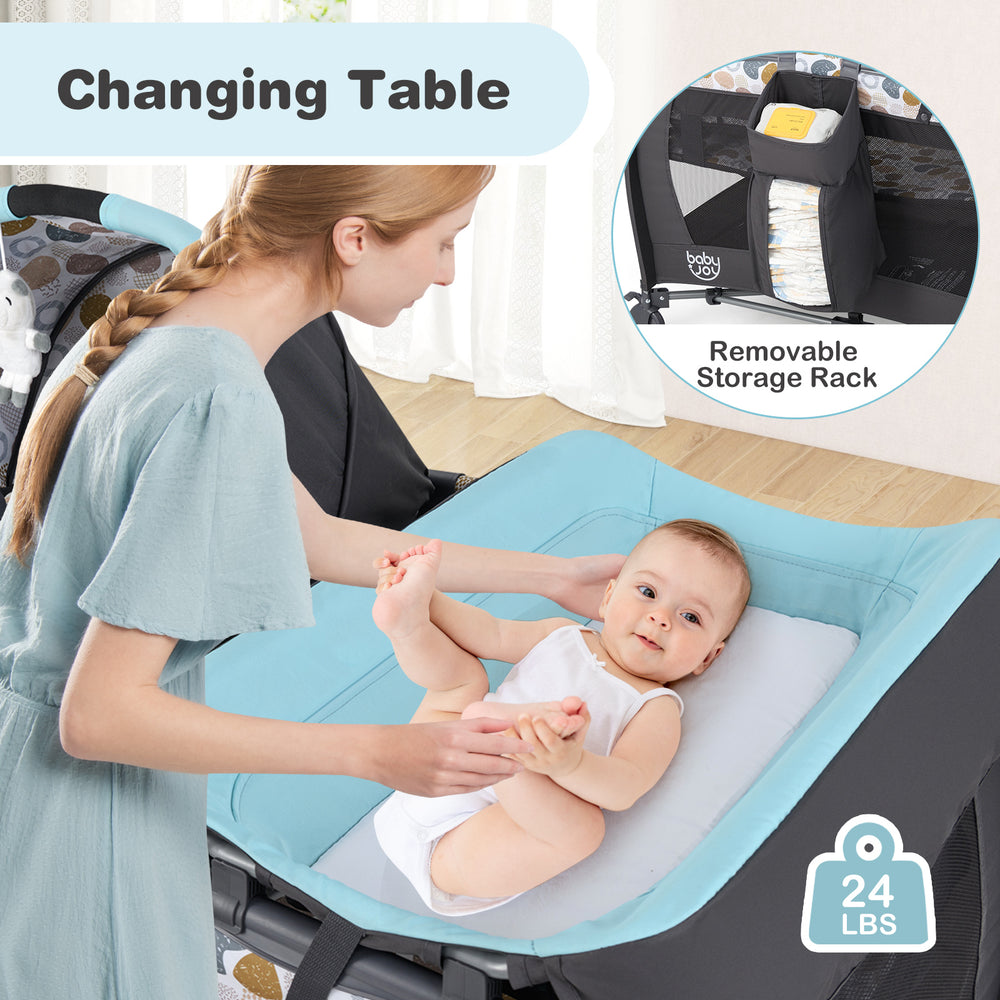 Changing table with blue padding and removable storage rack, part of a 4-in-1 portable baby playard for newborns.