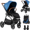 Convertible travel baby stroller in blue with adjustable canopy, 4-position footrest, and car seat adapters for convenience.