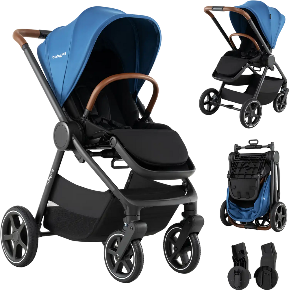 Convertible travel baby stroller in blue with adjustable canopy, 4-position footrest, and car seat adapters for convenience.