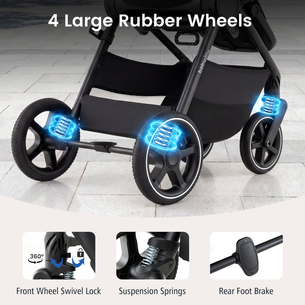 Large rubber wheels with suspension springs and front swivel lock for smooth maneuvering on various terrains.