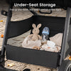 Under-seat storage of the blue convertible travel baby stroller keeps essentials organized and within easy reach.