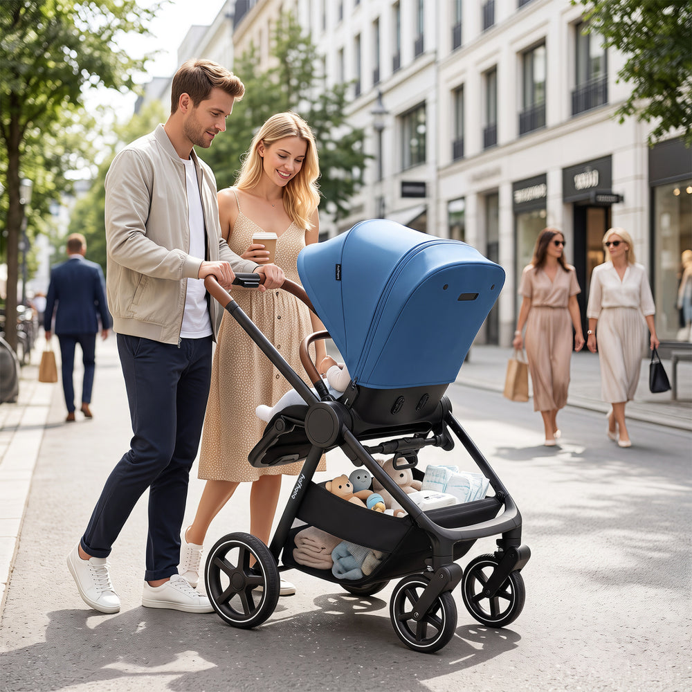 Convertible blue travel baby stroller with car seat adapters, featuring adjustable canopy and 4 rubber wheels for smooth strolling.