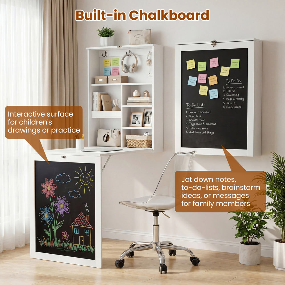 Convertible wall-mounted desk with built-in chalkboard, ideal for notes and children's drawings, perfect for.