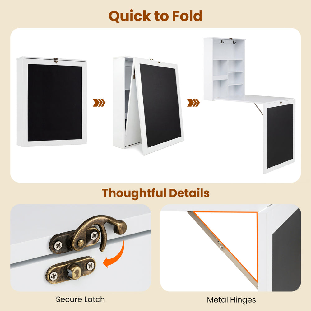 Convertible wall-mounted table with a chalkboard, featuring metal hinges and a secure latch for space-saving storage.