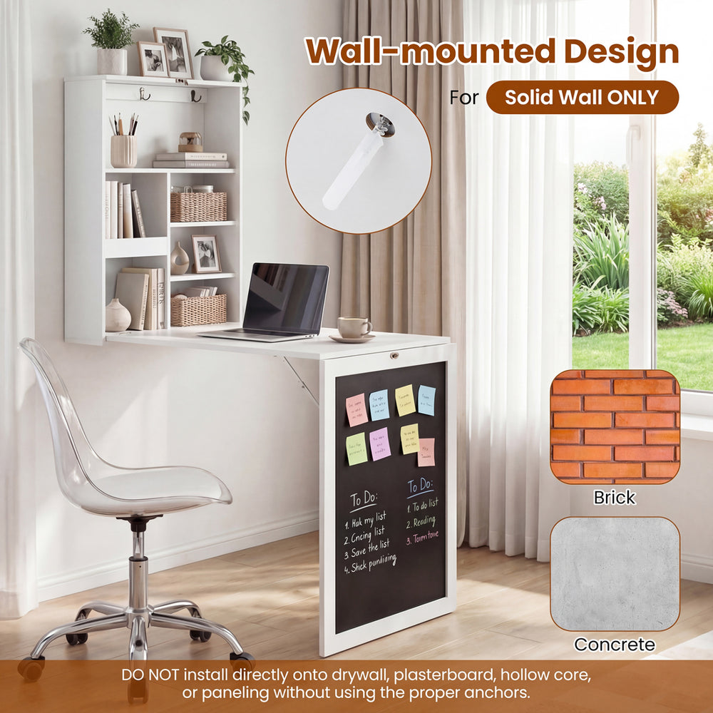 Convertible wall-mounted table with chalkboard, ideal for space-saving storage and a handy working surface.